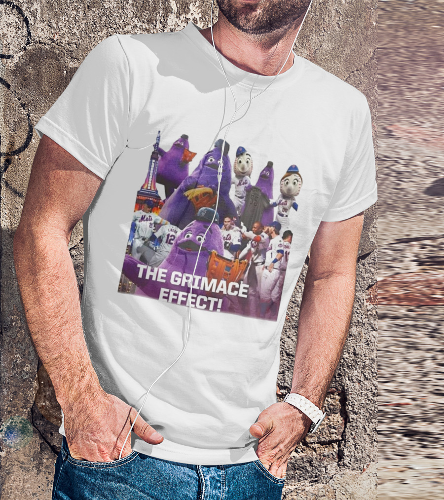 New York Mets The Grimace Effect Baseball Collaboration With Mascot Imagery And Player Interaction T-Shirt