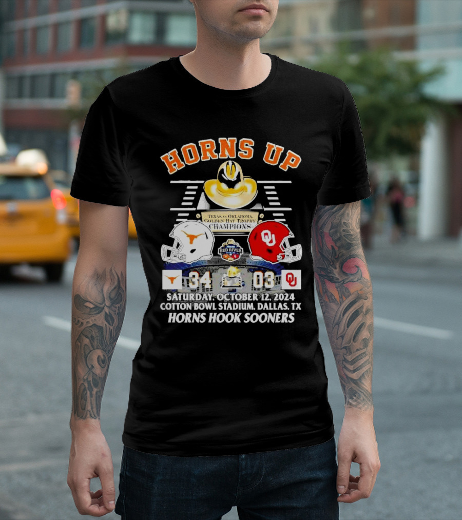 HORNS UP GOLDEN HAT TROPHY CHAMPIONS TEXAS VS OKLAHOMA 34-3 COTTON BOWL DALLAS OCTOBER 12 2024 HORNS HOOK SOONERS T-Shirt