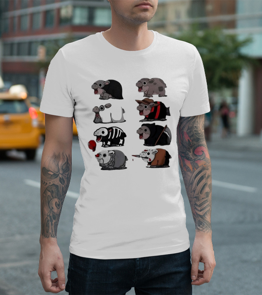 Scary Hippo Moo Deng in Horror Iconic Film Characters T-Shirt