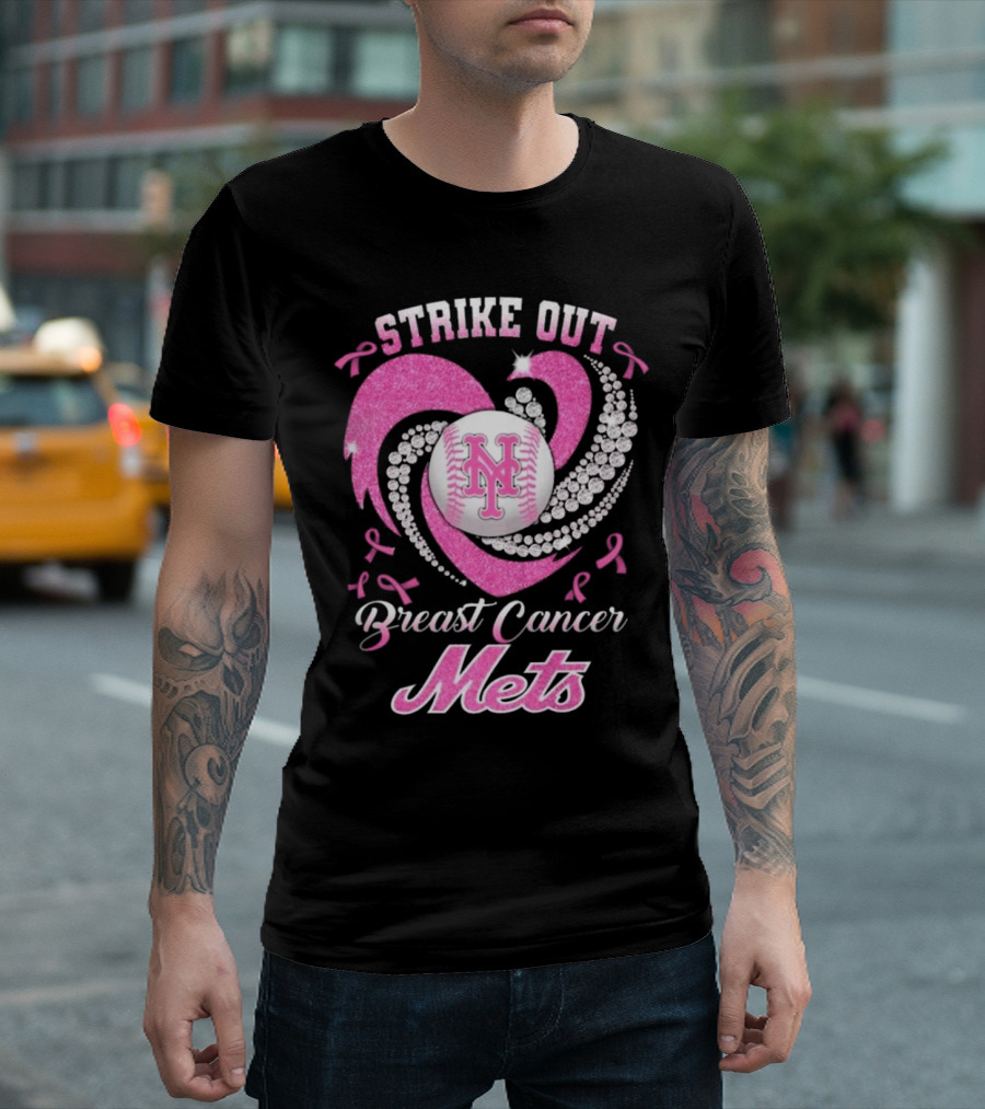 Strike Out Breast Cancer Mets Heart Diamond New York Mets T-Shirt