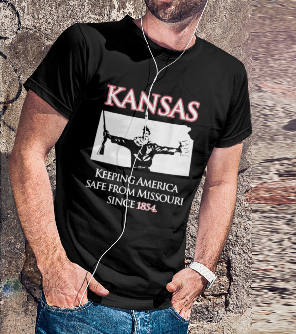 Kansas Keeping America Safe From Missouri Since 1854 Black Shirt With Armed Figure Holding Map And Gun T-Shirt