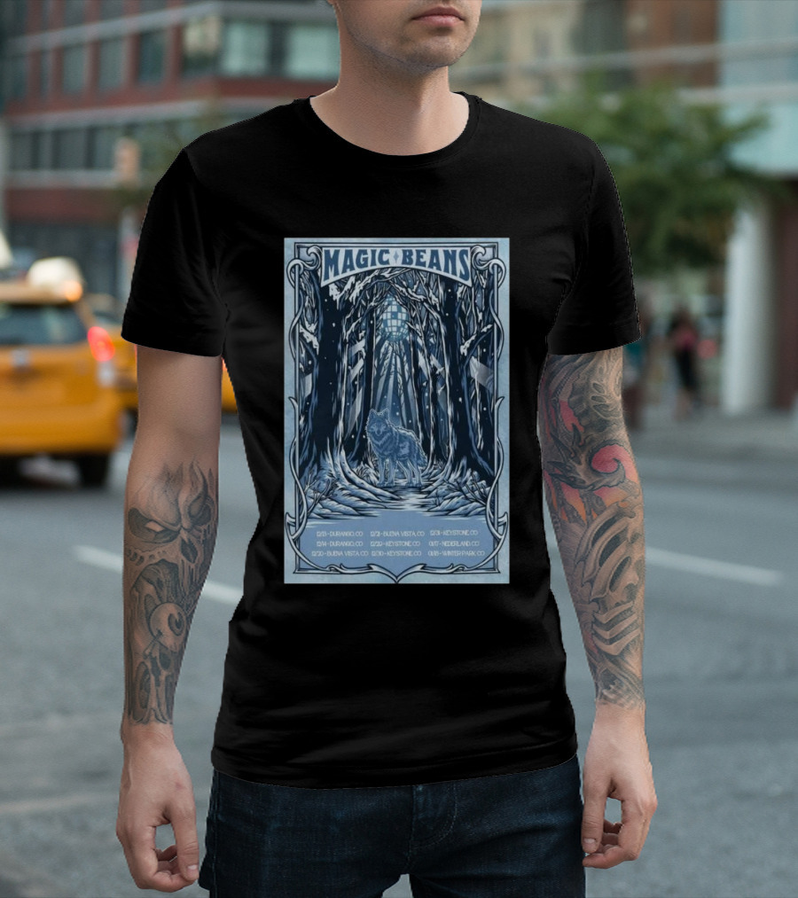 Magic Beans 2024 Colorado Winter Tour Durango to Winter Park Wolf in Snowy Forest Art Deco T-Shirt