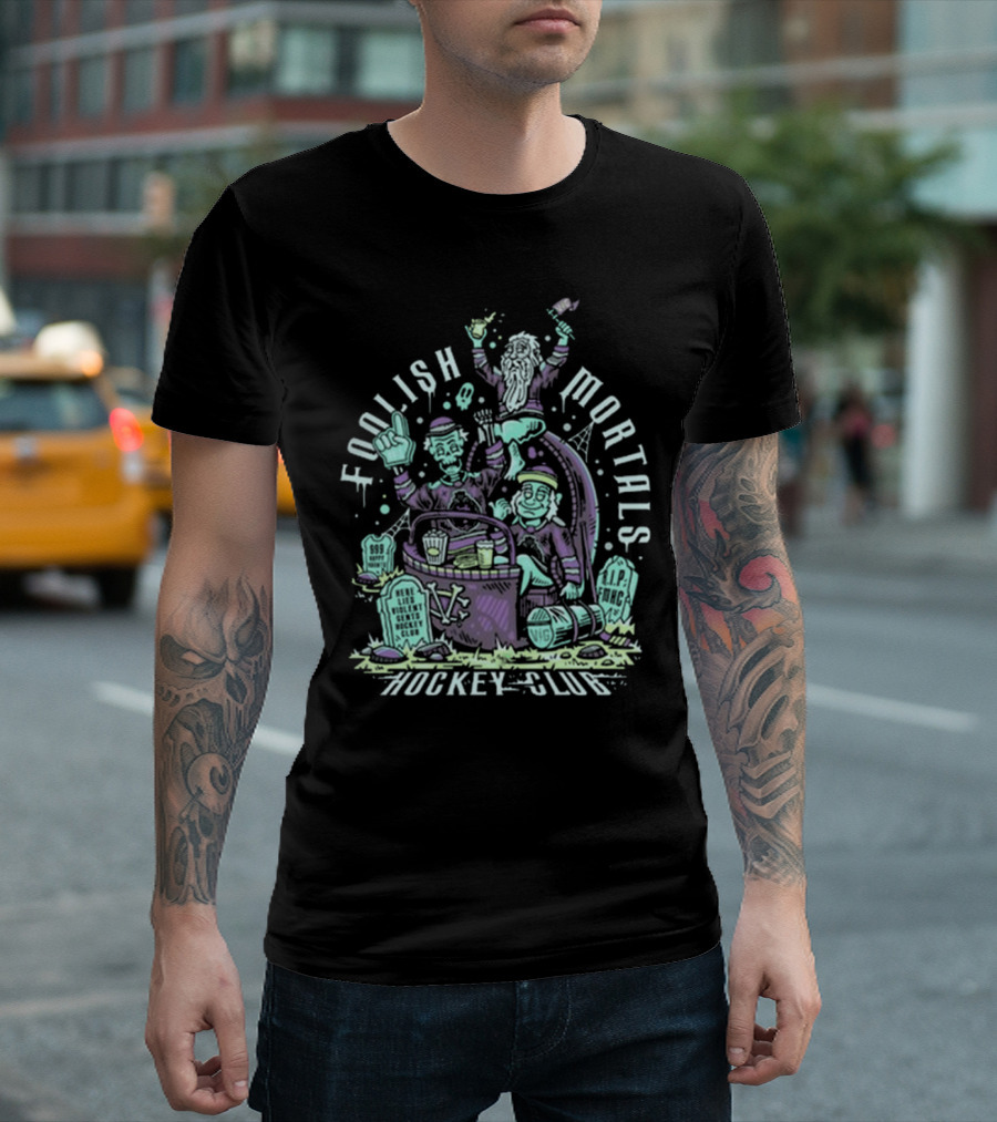 Foolish Mortals Hockey Club with Tombstones and Ghostly Characters T-Shirt