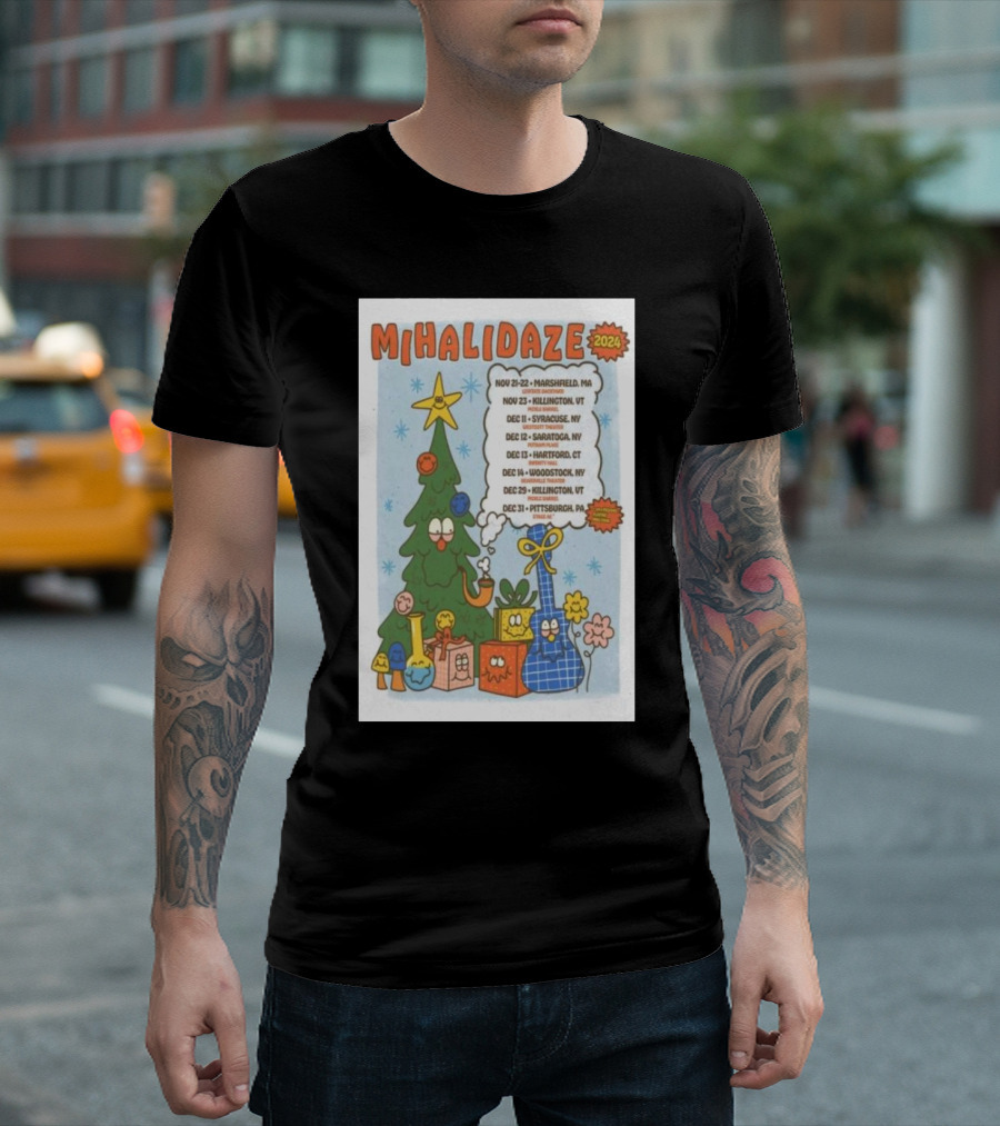 MIHALI DAZE 2024 Tour Dates Holiday Cartoon Christmas Tree and Wrapped Gifts T-Shirt