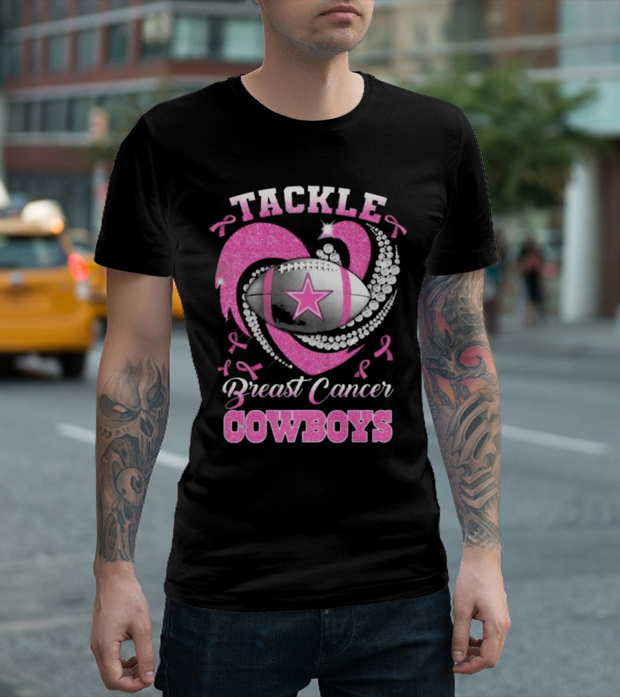 Tackle Breast Cancer Cowboys Heart Football Diamond Pink T-Shirt