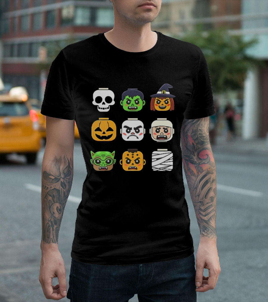 Halloween Zombie Ghost Pumpkin Witch Skull Mummy Building Block Head Boys T-Shirt