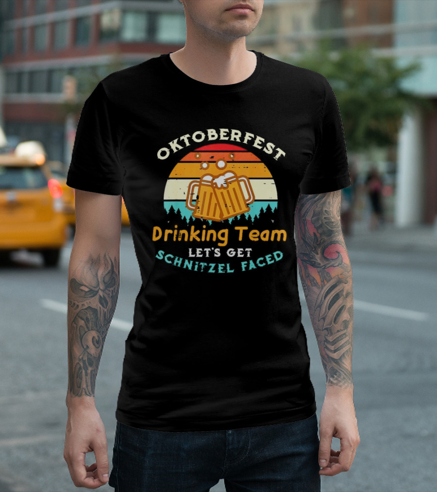 Oktoberfest Drinking Team Let's Get Schnitzel Faced Retro Beer Mugs T-Shirt