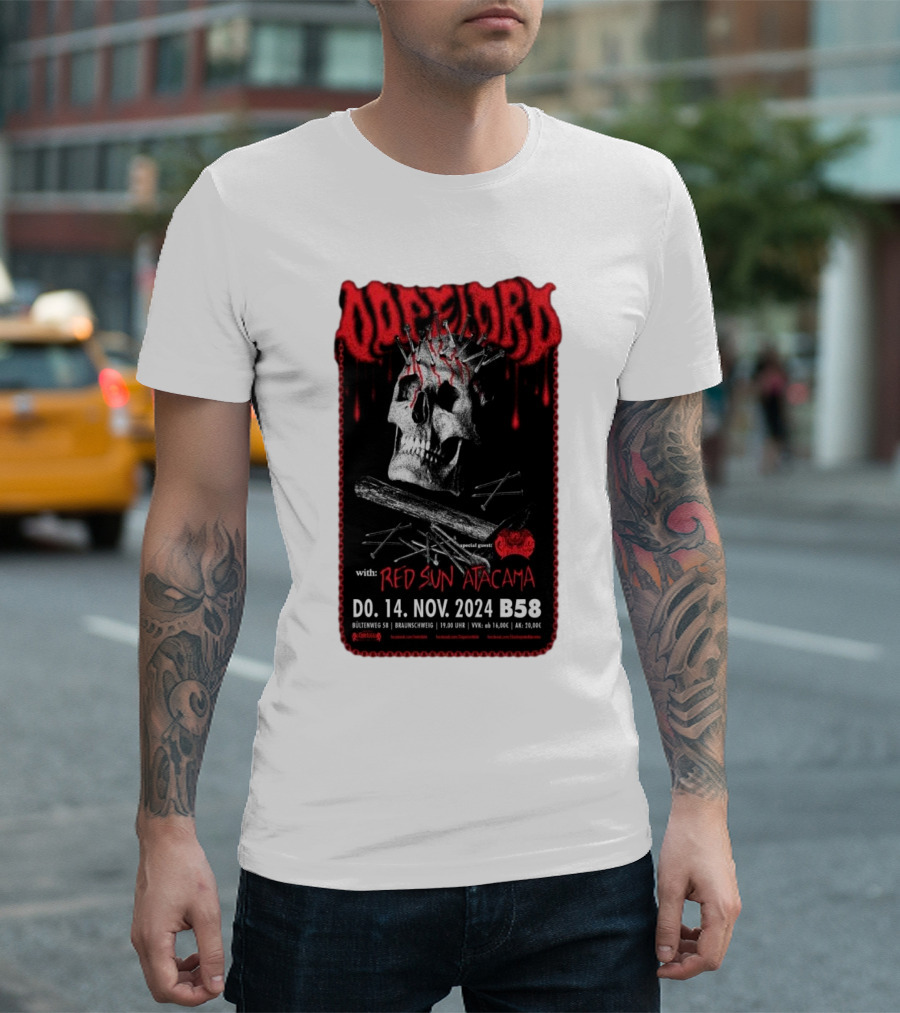 Dopelord with Red Sun Atacama Nov 14 2024 Jugendzentrum B58 Braunschweig Germany Skull Nails Cross Icons T-Shirt