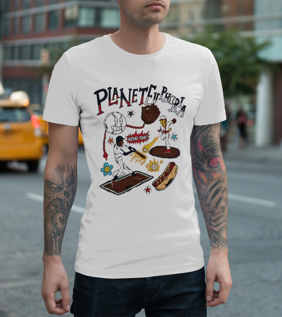 Planet Euphoria Baseball Home Run Hot Dog Illustration with Players and Glove T-Shirt