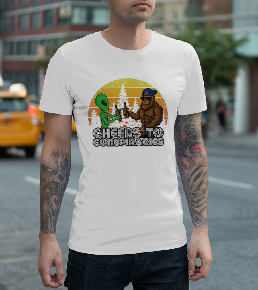 Alien and Bigfoot Cheers to Conspiracies in Retro Sunset Forest T-Shirt