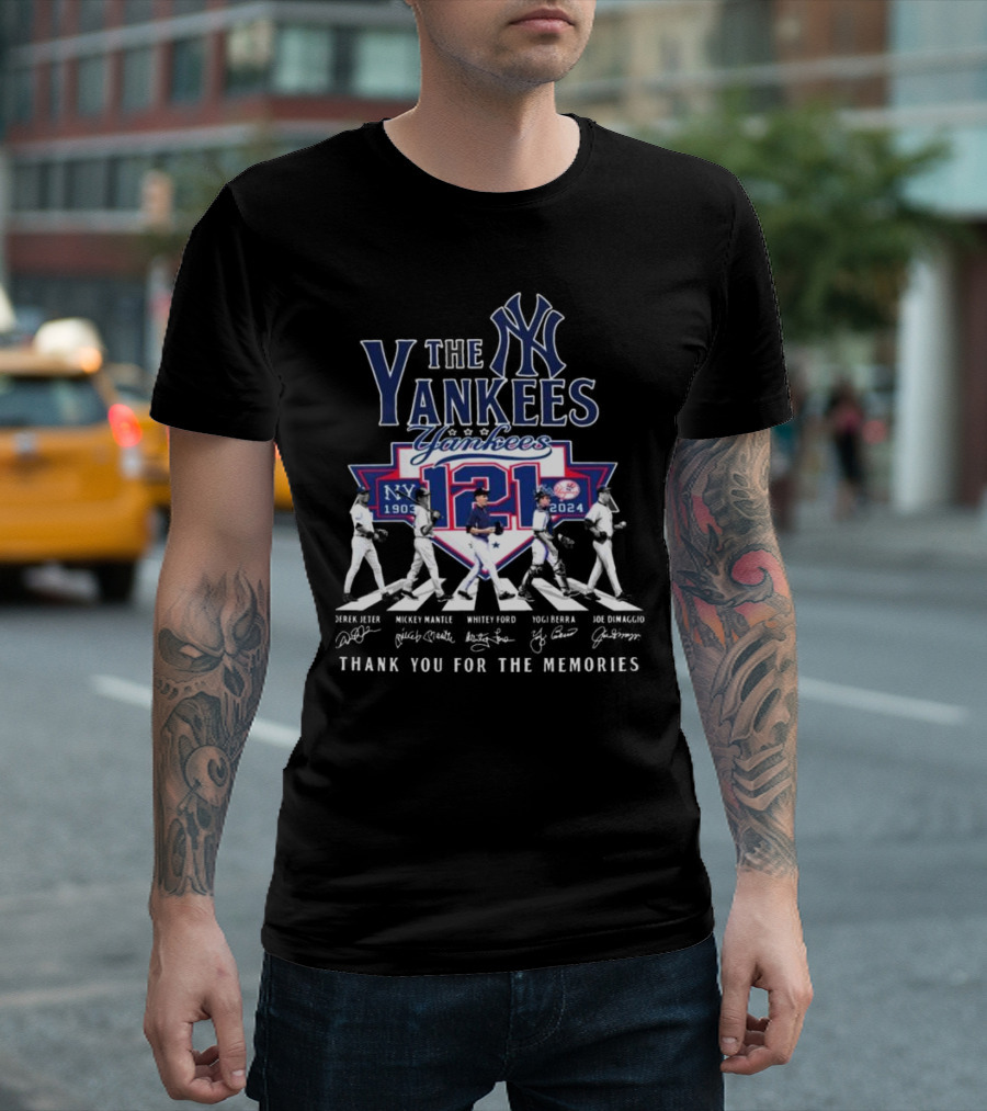 The Yankees 121 Years 1903-2024 Abbey Road Thank You For The Memories Derek Jeter Mickey Mantle Whitey Ford Yogi Berra Joe DiMaggio T-Shirt