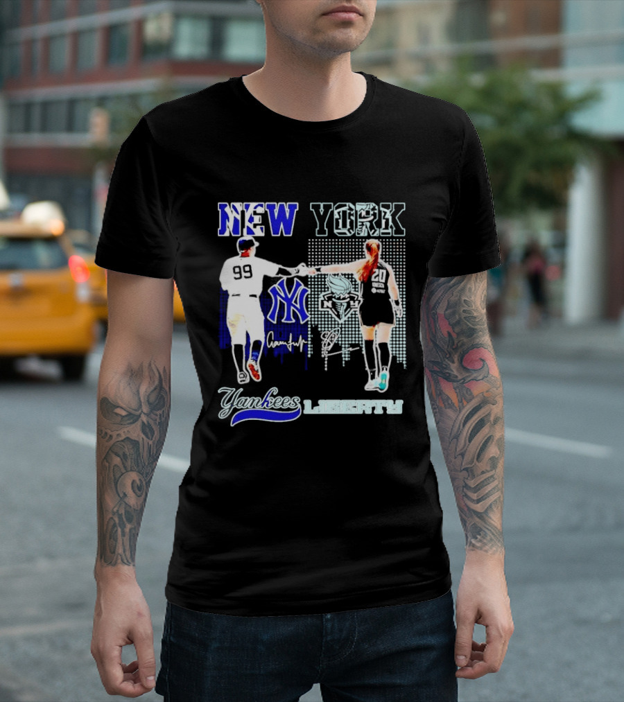 New York Yankees Yankees Aaron Judge Liberty Sabrina Ionescu Signatures Skyline T-Shirt