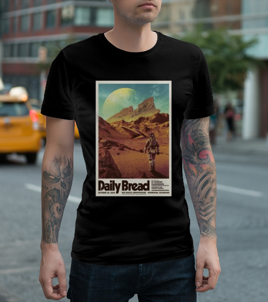 Daily Bread DJ Shadow Flamingosis Red Rocks Amphitheatre Morrison Colorado October 26 2024 Astronaut Desert Landscape T-Shirt