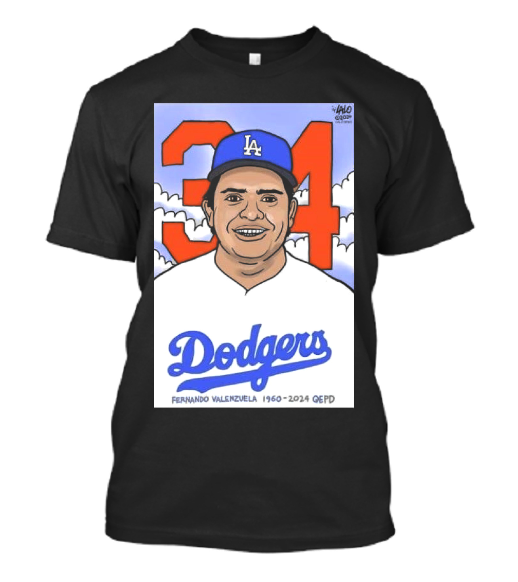 RIP Fernando Valenzuela 1960-2024 LA Dodgers QEPD Cartoon 34 T-Shirt