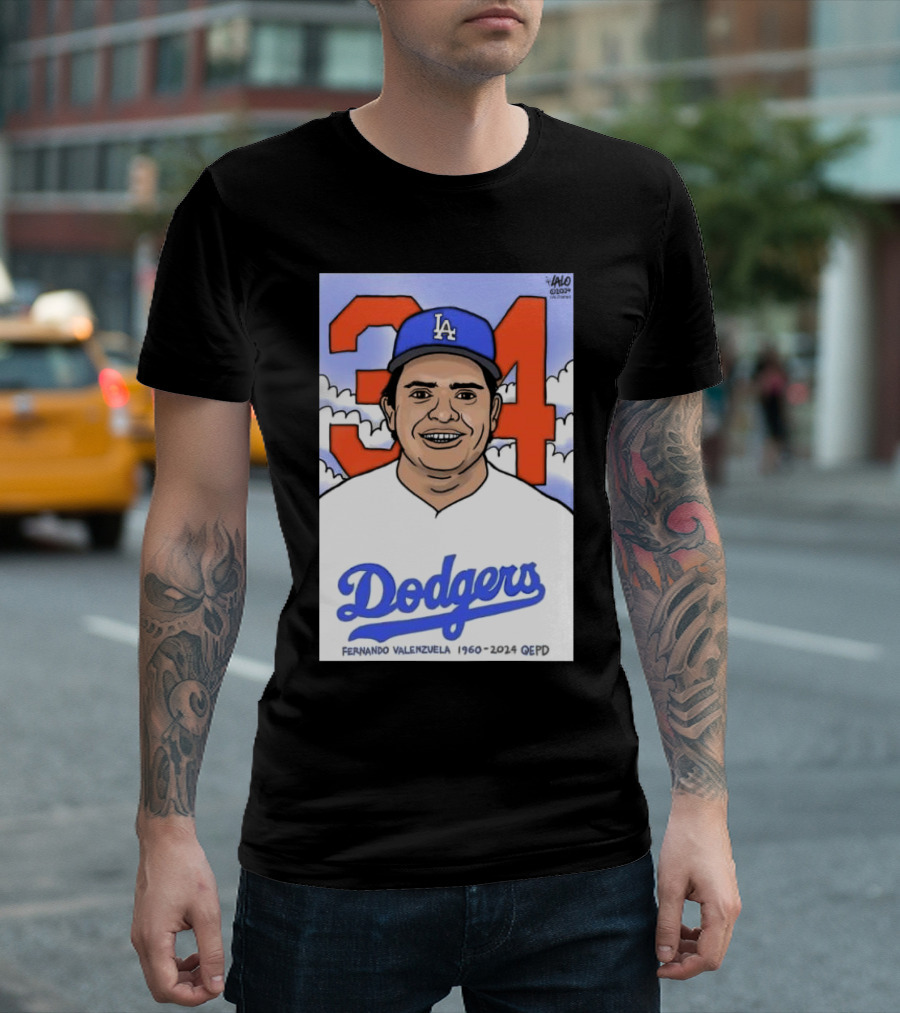 RIP Fernando Valenzuela 1960-2024 LA Dodgers QEPD Cartoon 34 T-Shirt