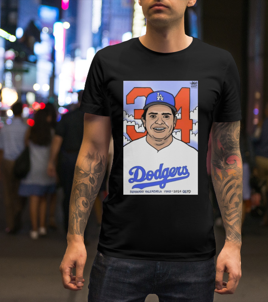 RIP Fernando Valenzuela 1960-2024 LA Dodgers QEPD Cartoon 34 T-Shirt