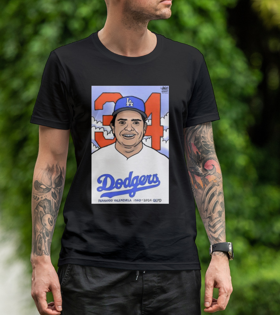 RIP Fernando Valenzuela 1960-2024 LA Dodgers QEPD Cartoon 34 T-Shirt