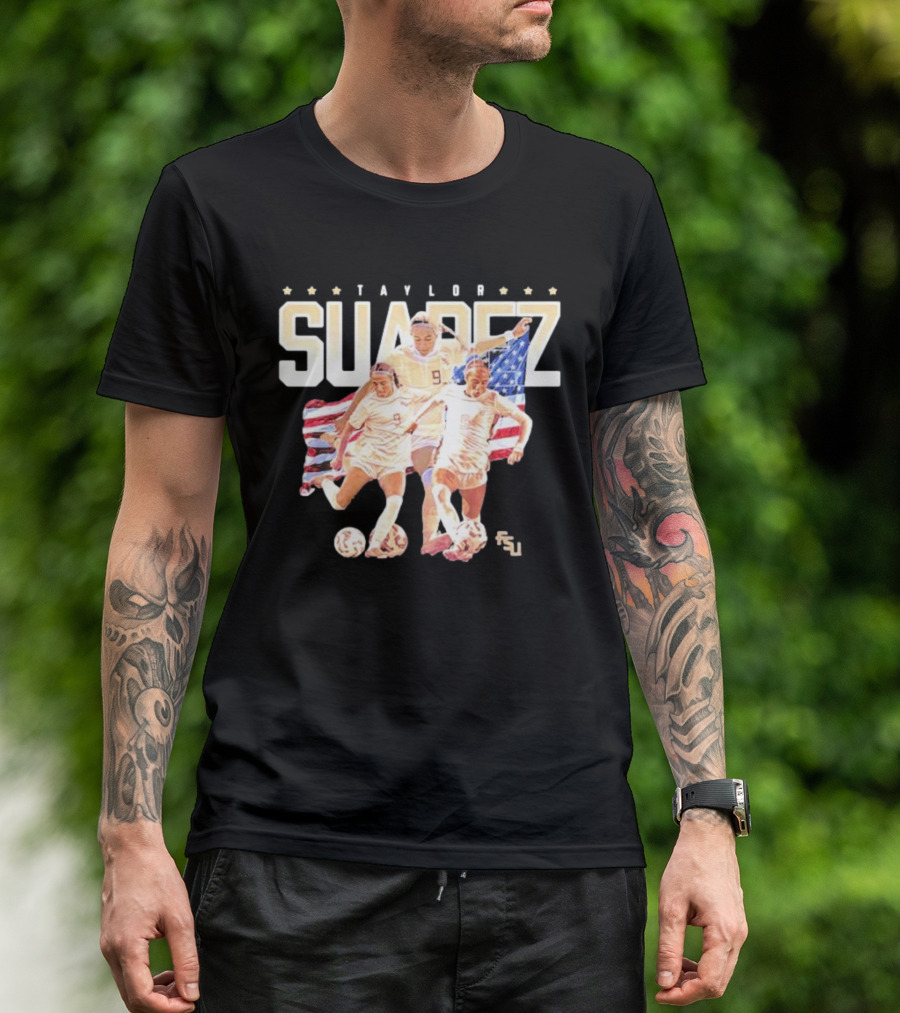 Taylor Suarez FSU Women’s Soccer Player American Flag Background T-Shirt