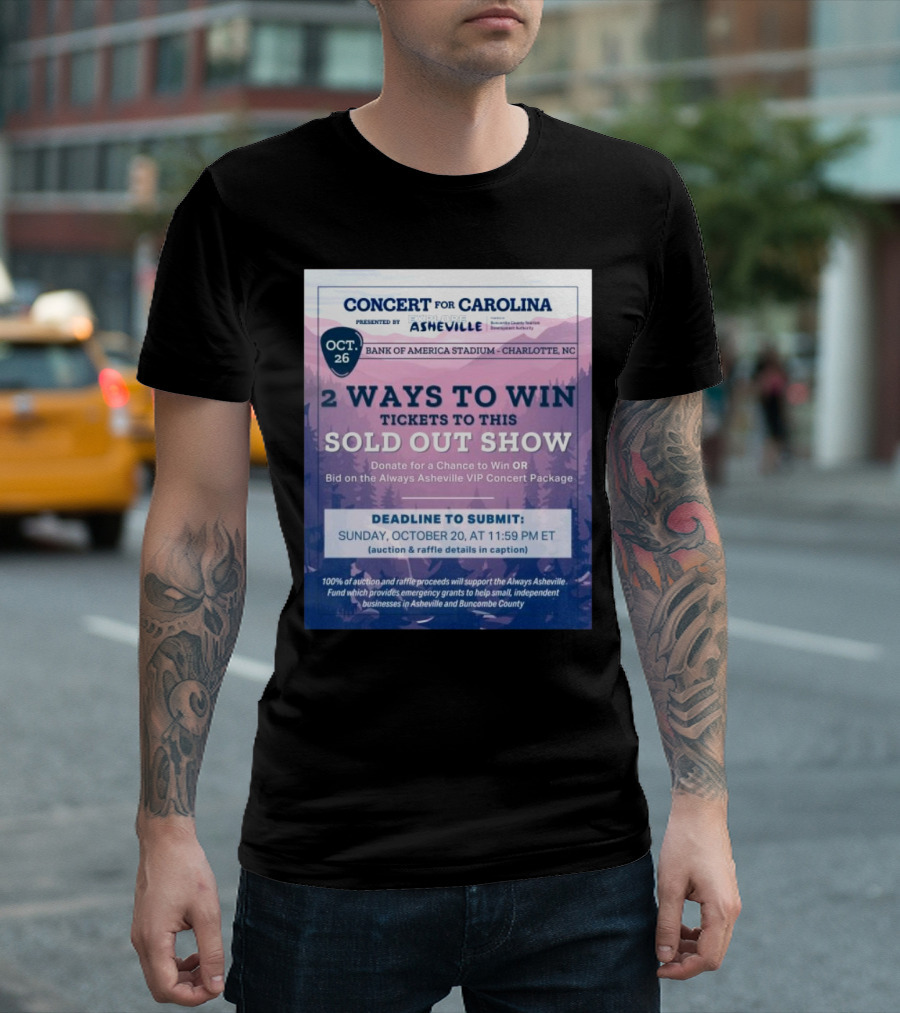 Concert for Carolina at Bank of America Stadium Charlotte NC Oct 26 2024 2 Ways to Win Always Asheville VIP Package T-Shirt