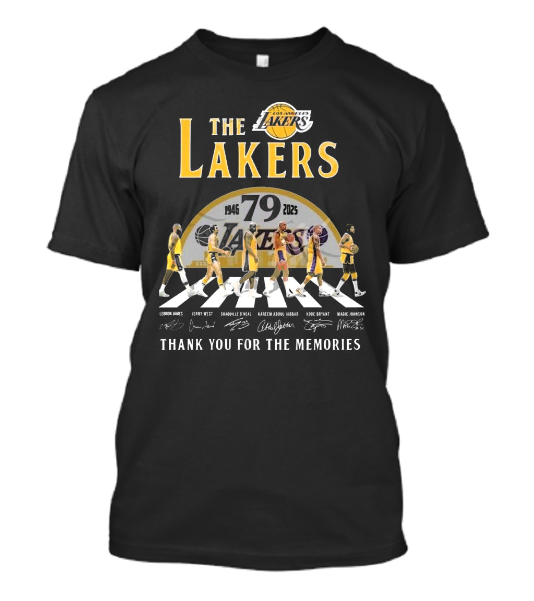 The Lakers 79th Anniversary 1946-2025 Walking Signatures Thank You For The Memories LeBron James Jerry West Shaquille O'Neal Kareem Abdul-Jabbar Kobe Bryant Magic Johnson T-Shirt