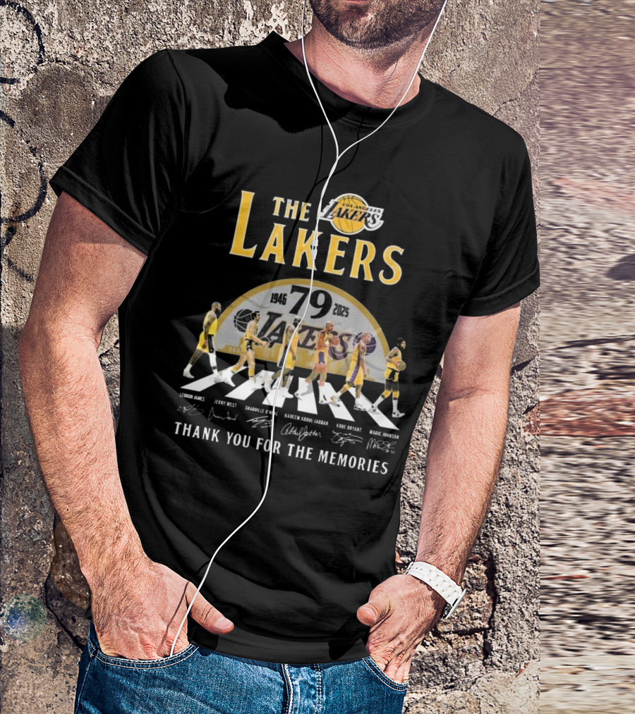 The Lakers 79th Anniversary 1946-2025 Walking Signatures Thank You For The Memories LeBron James Jerry West Shaquille O'Neal Kareem Abdul-Jabbar Kobe Bryant Magic Johnson T-Shirt