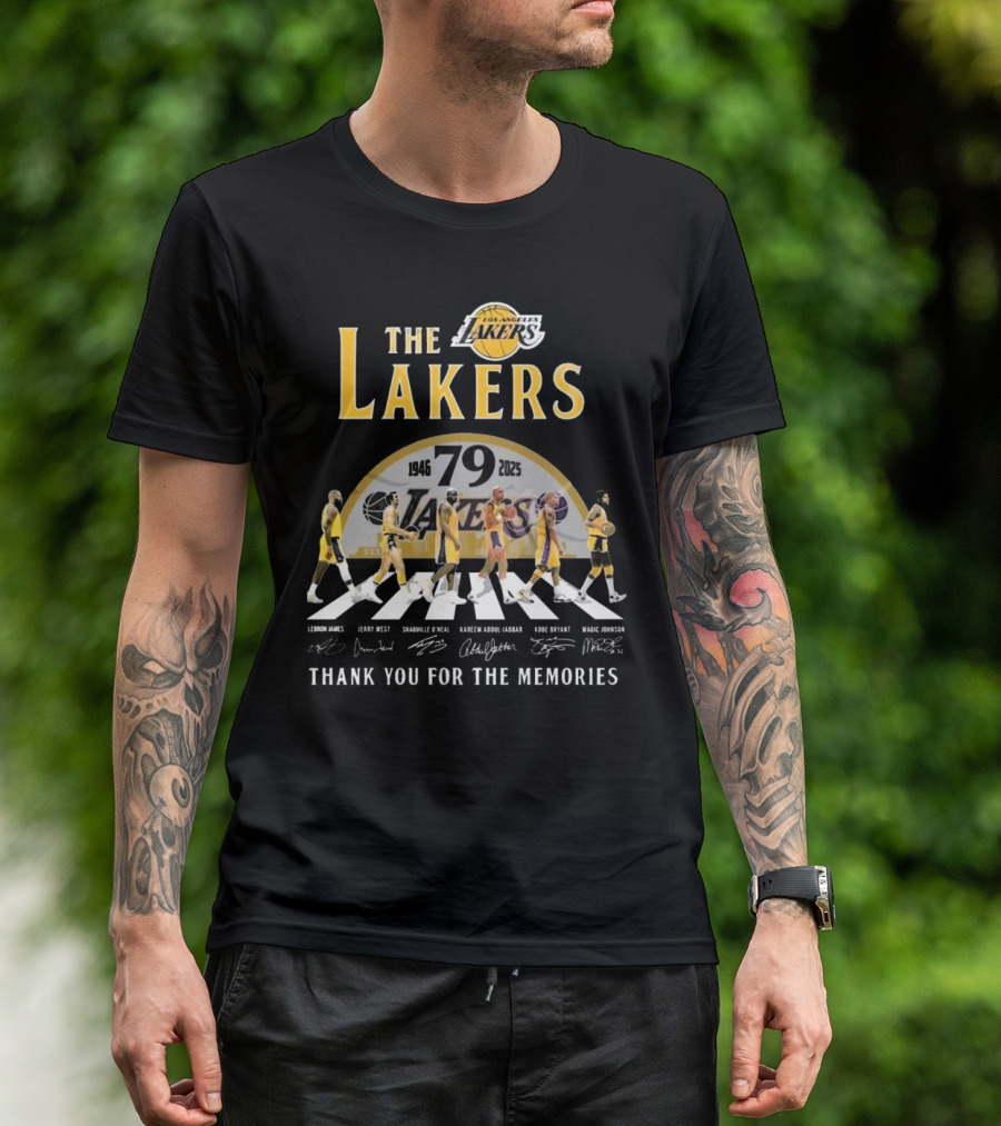 The Lakers 79th Anniversary 1946-2025 Walking Signatures Thank You For The Memories LeBron James Jerry West Shaquille O'Neal Kareem Abdul-Jabbar Kobe Bryant Magic Johnson T-Shirt