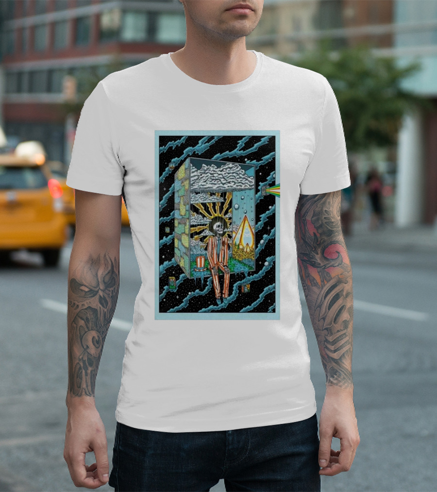 Phil Show 2024 Surreal Skeleton in Striped Suit with Cosmic Rainbow Prism and Illuminated Clouds T-Shirt