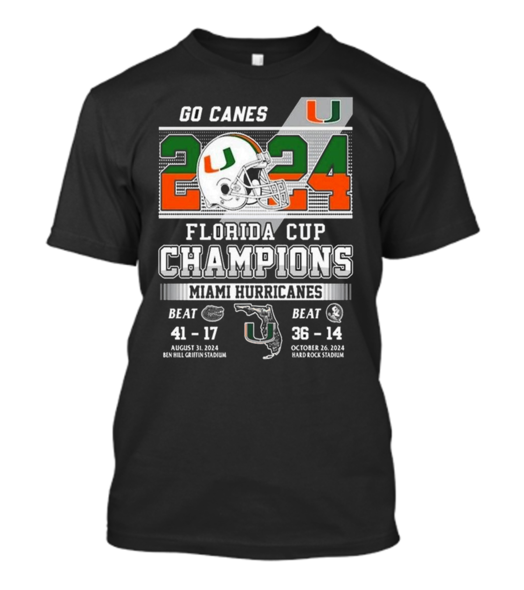 Go Canes 2024 Florida Cup Champions Miami Hurricanes Helmet 41-17 36-14 T-Shirt