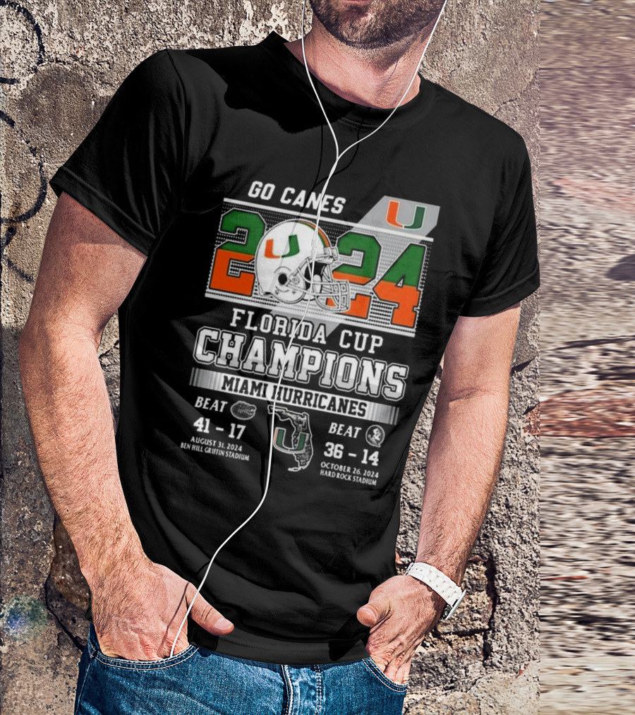 Go Canes 2024 Florida Cup Champions Miami Hurricanes Helmet 41-17 36-14 T-Shirt
