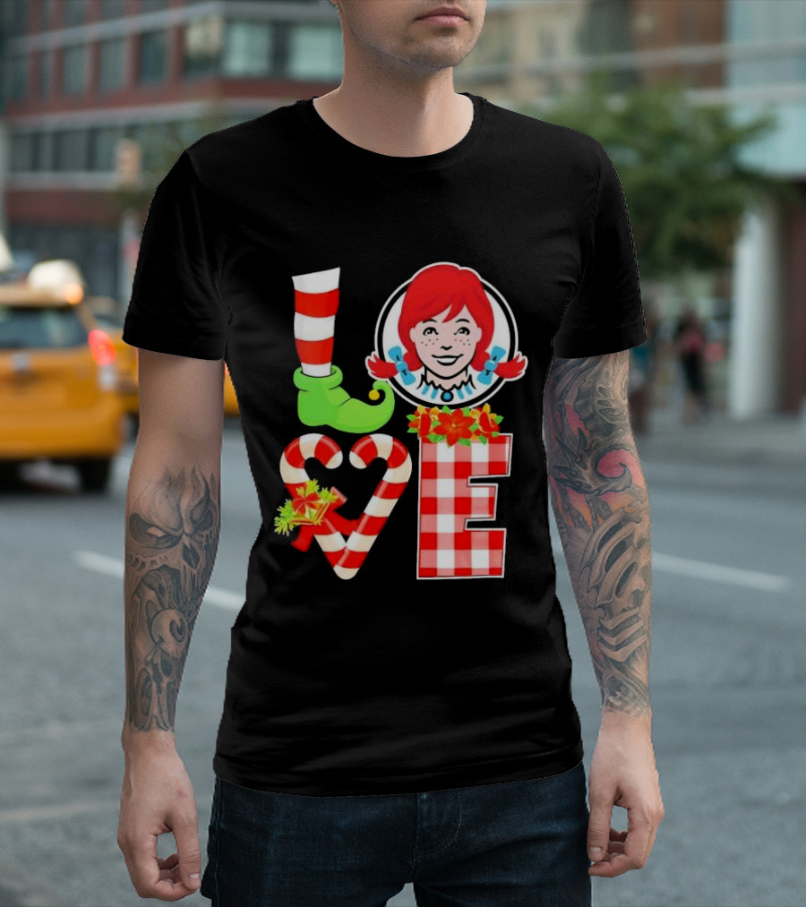 LOVE Elf Wendy’s Christmas Red Stripes Plaid Candy Cane Holiday T-Shirt