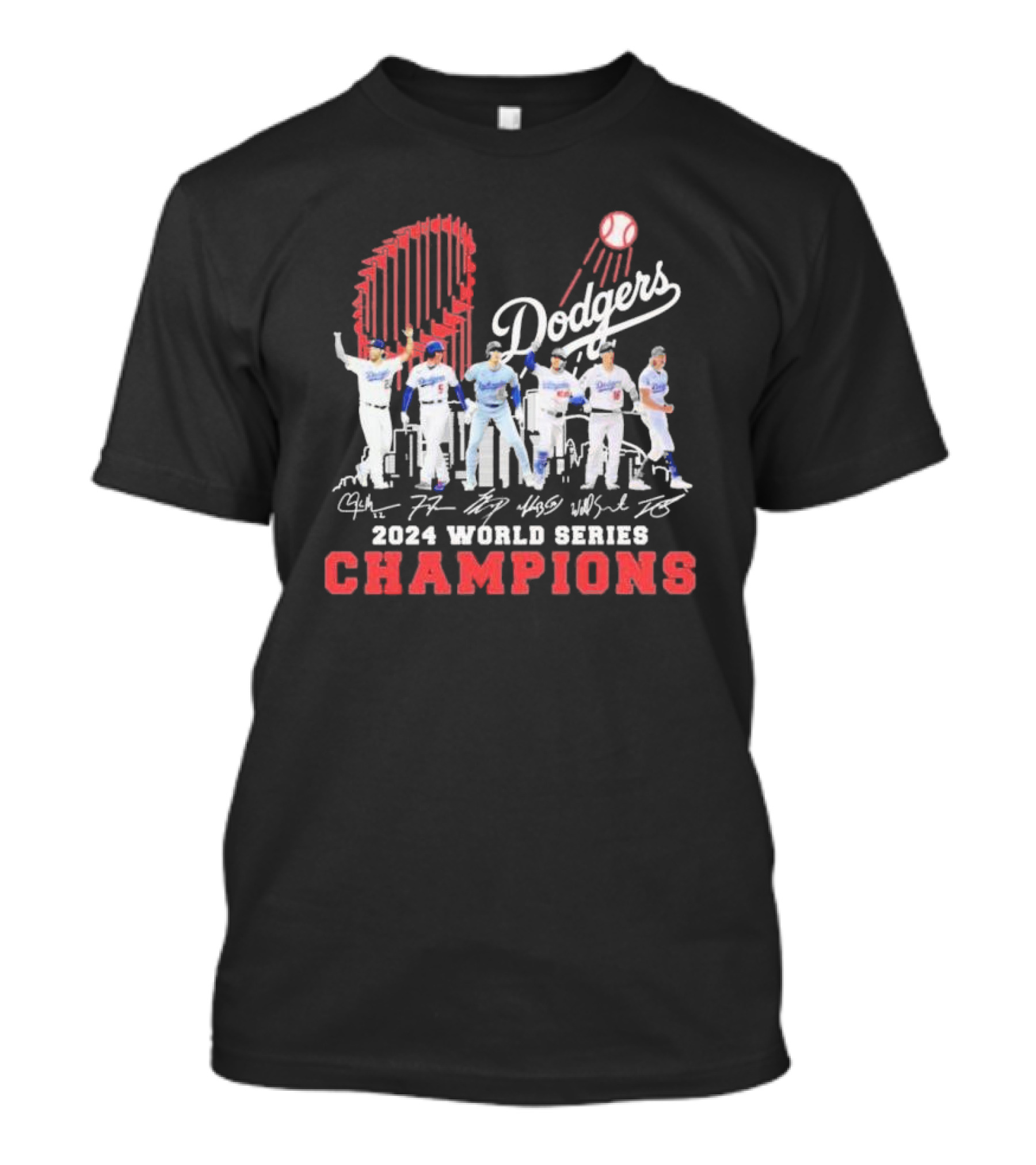 Dodgers 2024 World Series Champions City Skyline Player Signatures T-Shirt