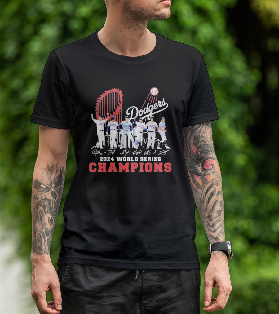 Dodgers 2024 World Series Champions City Skyline Player Signatures T-Shirt