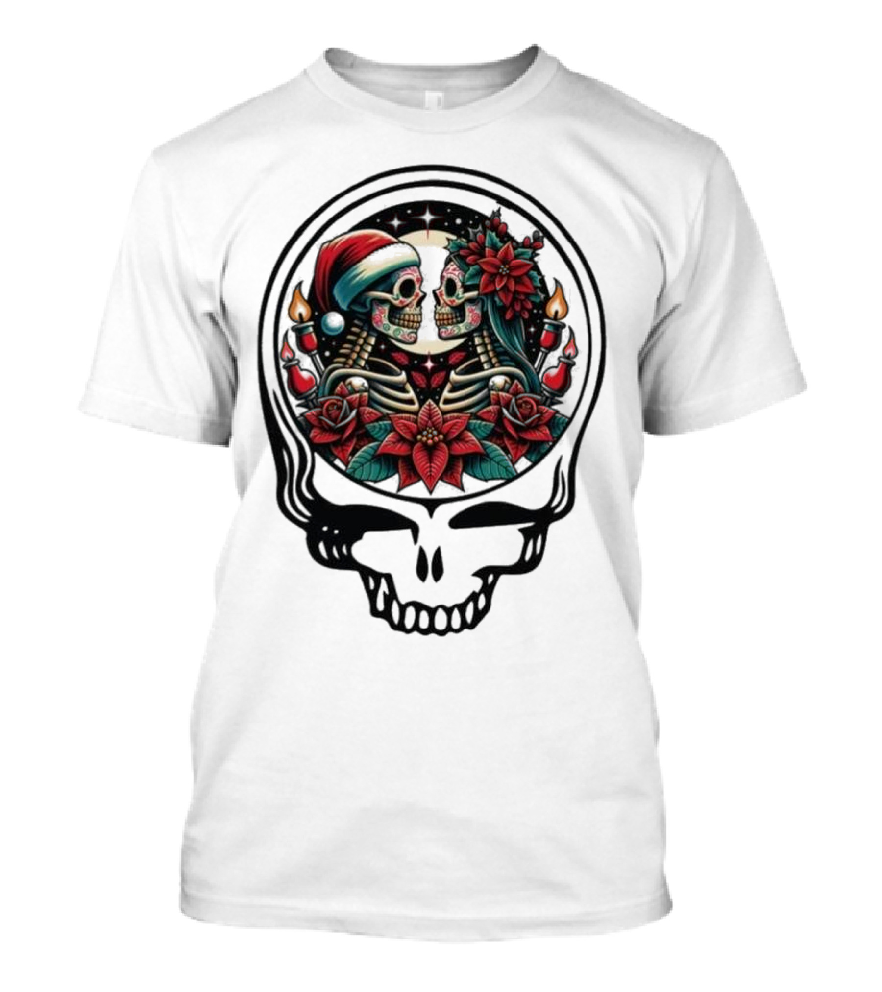 Grateful Dead TLEO Christmas 2024 Skull Santa Skeletons Poinsettia Candles T-Shirt