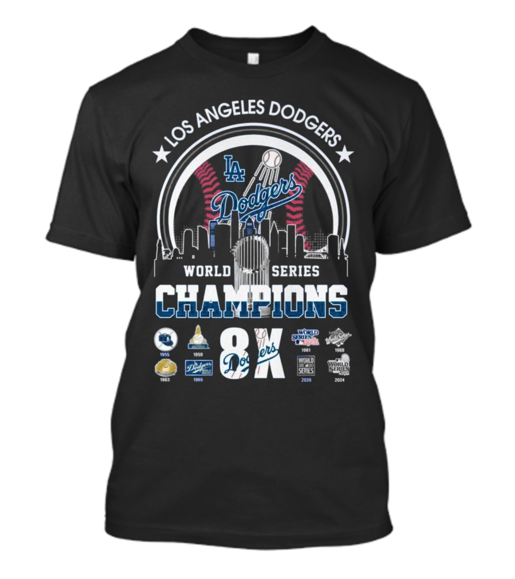 Los Angeles Dodgers 8X World Series Champions 2024 City Skyline With Team Logos And Trophy T-Shirt