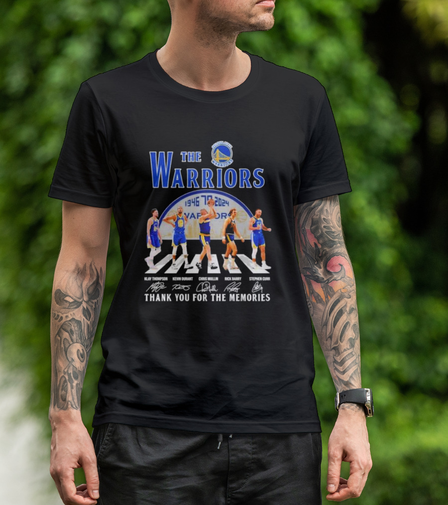 The Warriors 1946 2024 Klay Thompson Kevin Durant Chris Mullin Rick Barry Stephen Curry Thank You For The Memories Signatures T-Shirt
