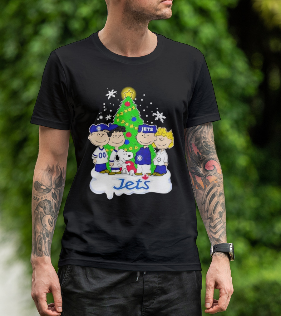 Winnipeg Jets Peanuts Characters Christmas Tree Snoopy Snowflakes T-Shirt