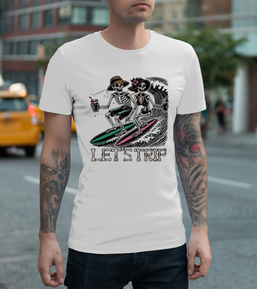 Let’s Trip Skeleton Surf Beach Vibes Retro Skeletons Surfing Waves T-Shirt