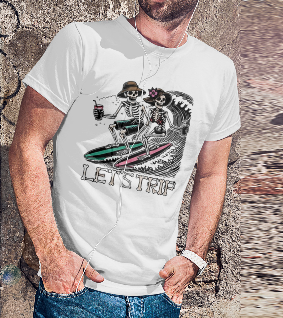 Let’s Trip Skeleton Surf Beach Vibes Retro Skeletons Surfing Waves T-Shirt