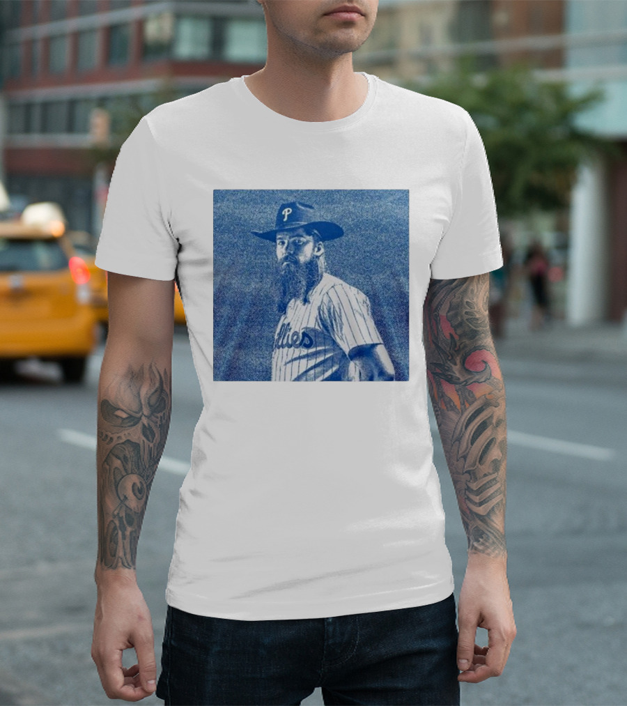Philadelphia Phillies Brandon Marsh 2024 Pinstripe Blue Cowboy Hat T-Shirt