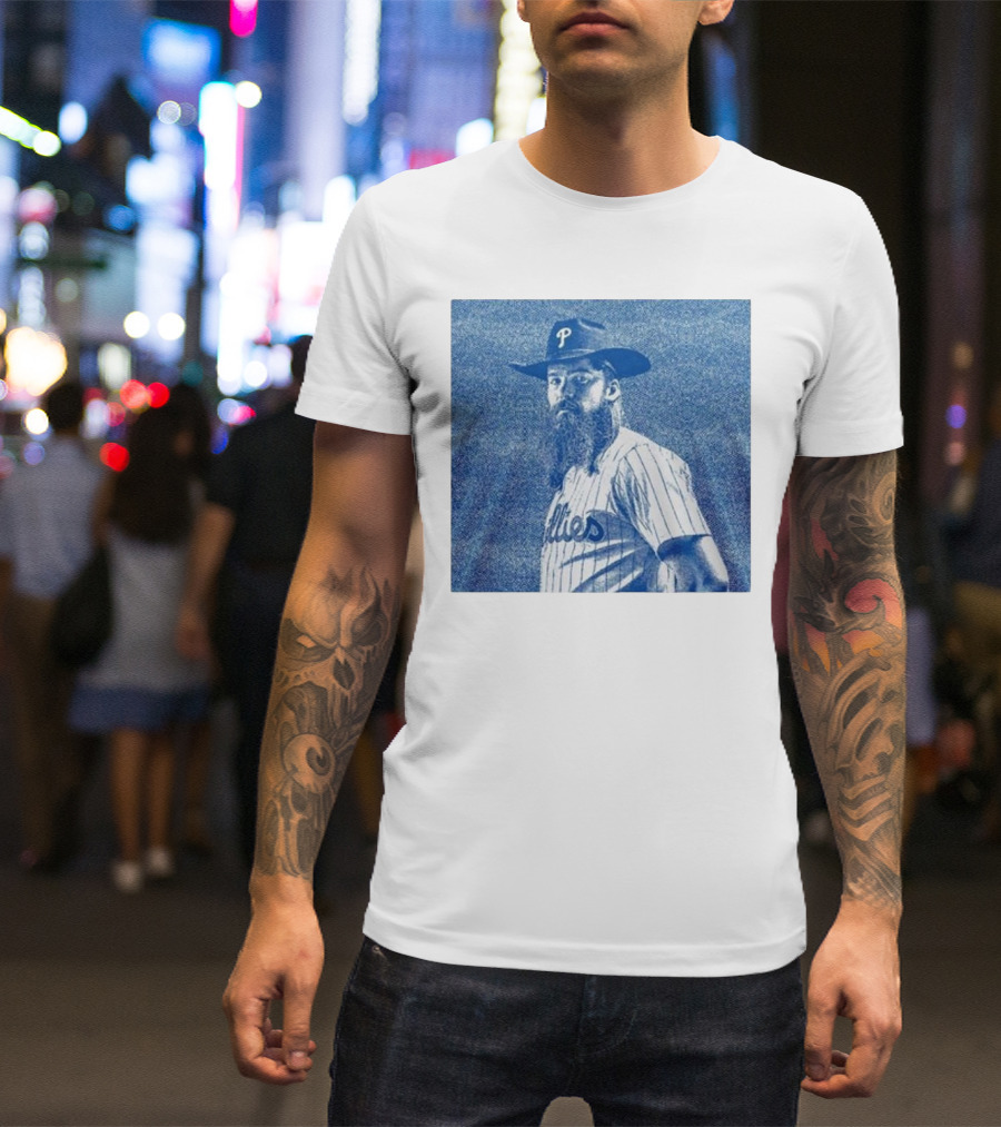 Philadelphia Phillies Brandon Marsh 2024 Pinstripe Blue Cowboy Hat T-Shirt