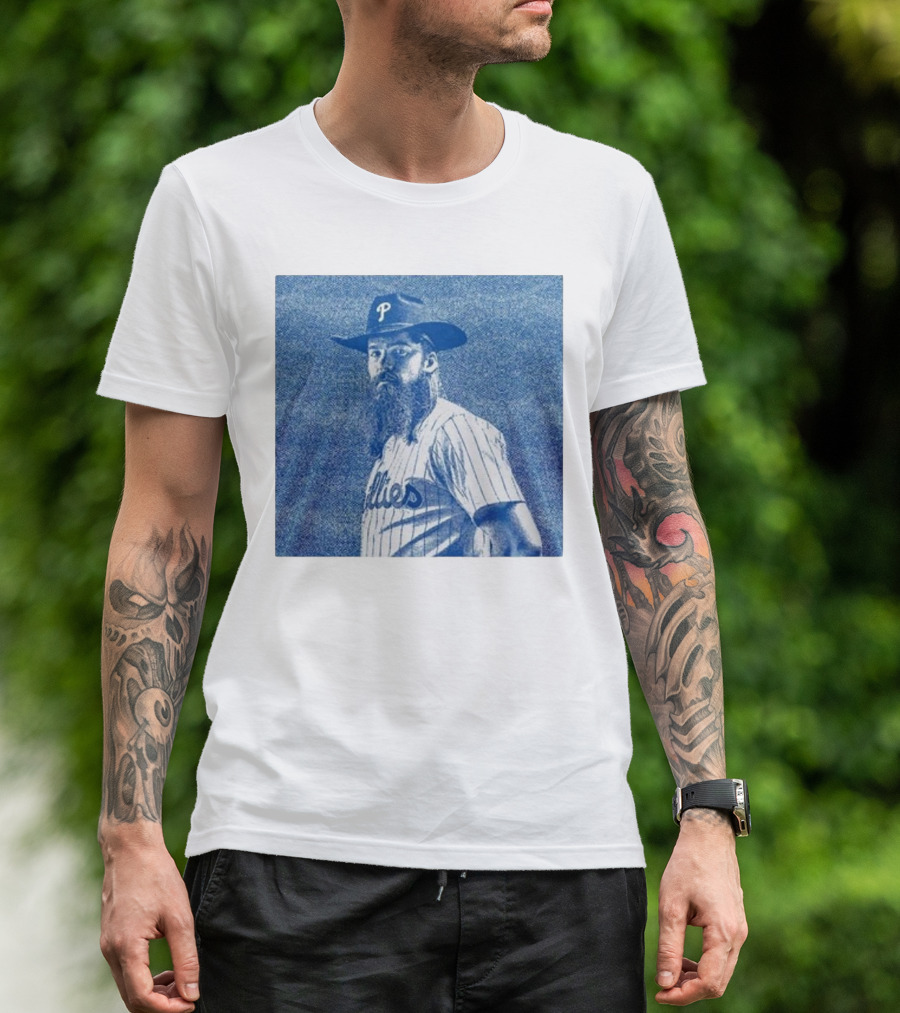 Philadelphia Phillies Brandon Marsh 2024 Pinstripe Blue Cowboy Hat T-Shirt