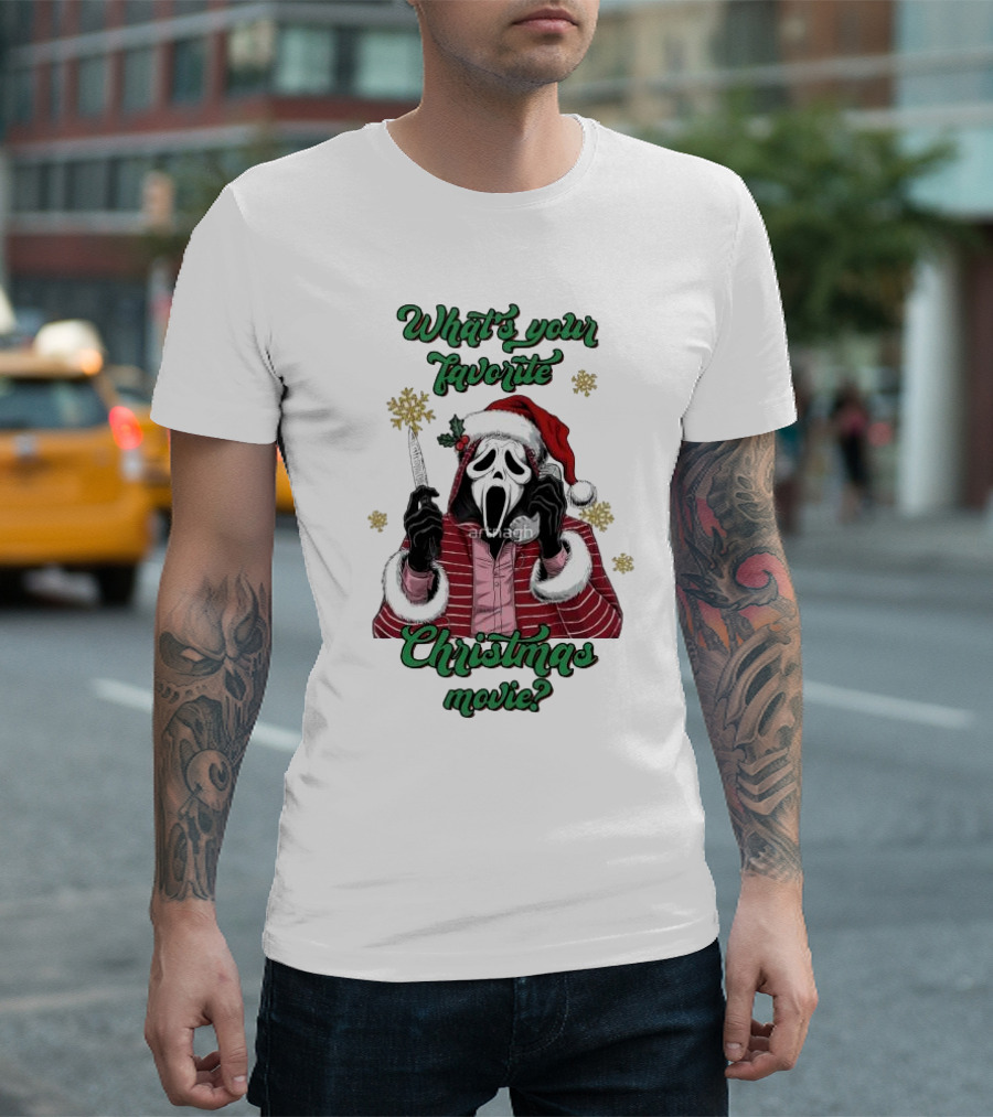 What’s Your Favorite Christmas Movie Santa Skeleton Ghost Face Costume T-Shirt