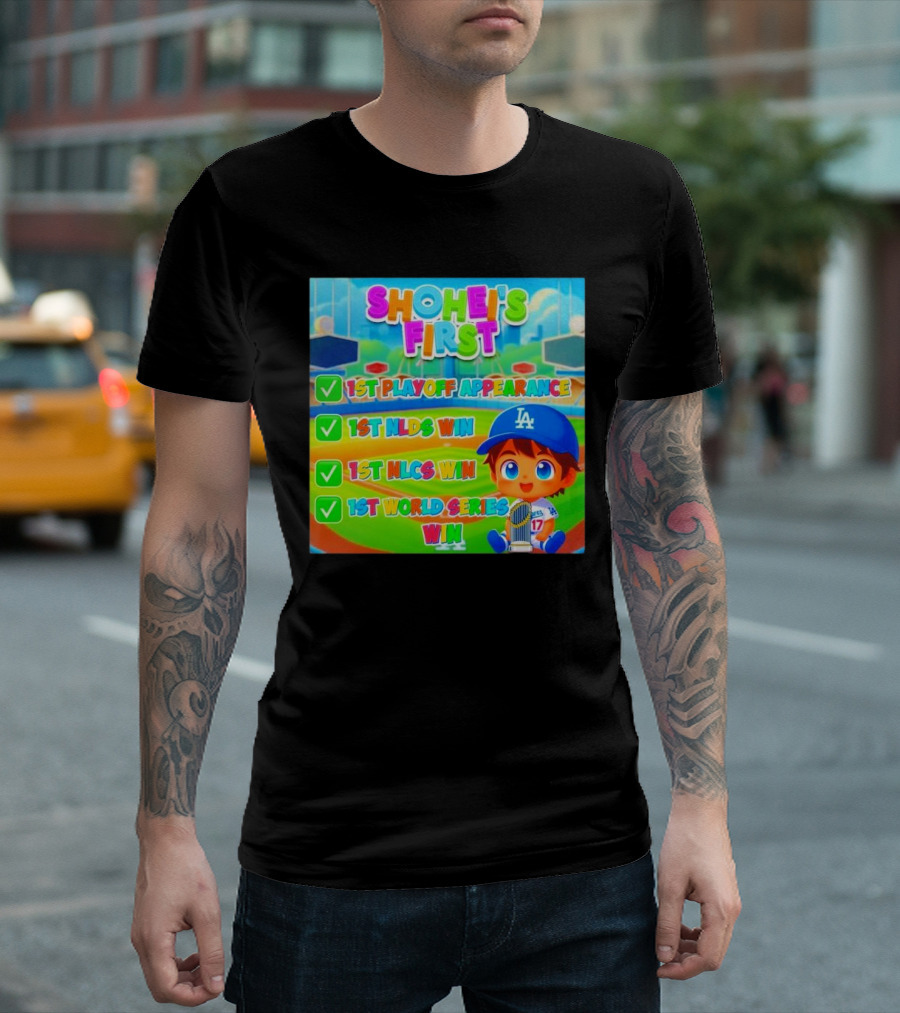 Shohei Ohtani Los Angeles Dodgers First World Series Win Cartoon T-Shirt