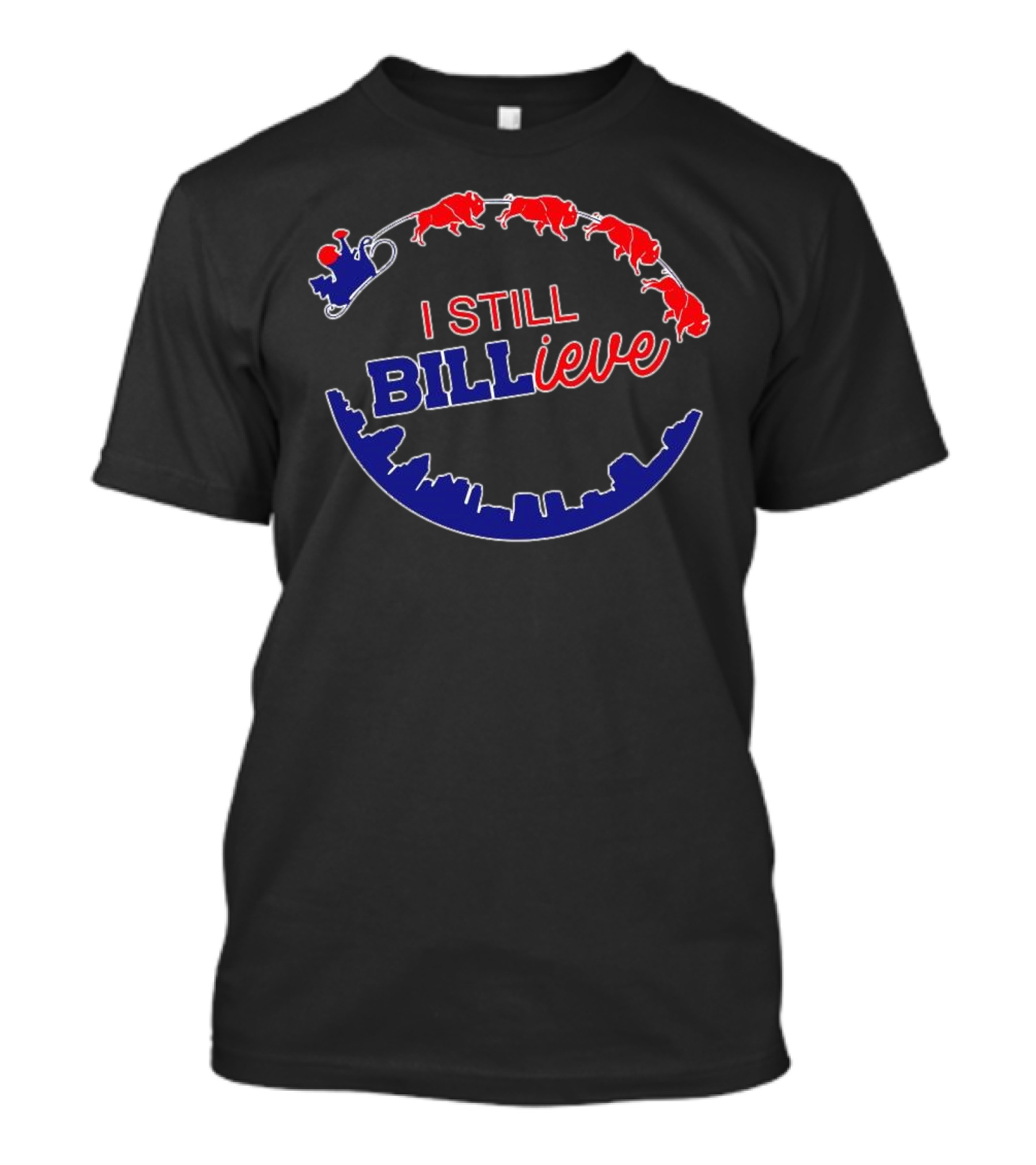 Buffalo Bills I Still Billieve Christmas 2024 Santa Sleigh Buffalo Skyline T-Shirt