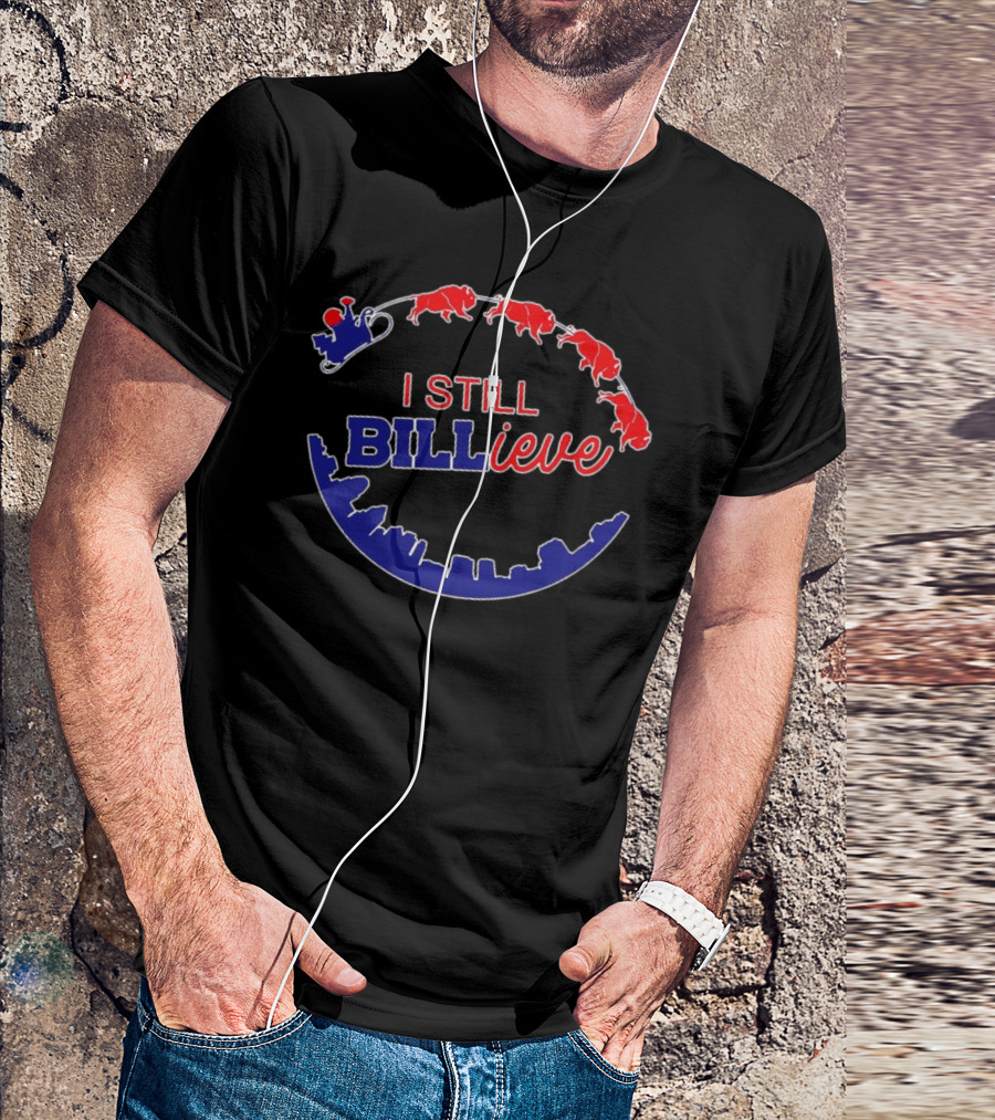 Buffalo Bills I Still Billieve Christmas 2024 Santa Sleigh Buffalo Skyline T-Shirt