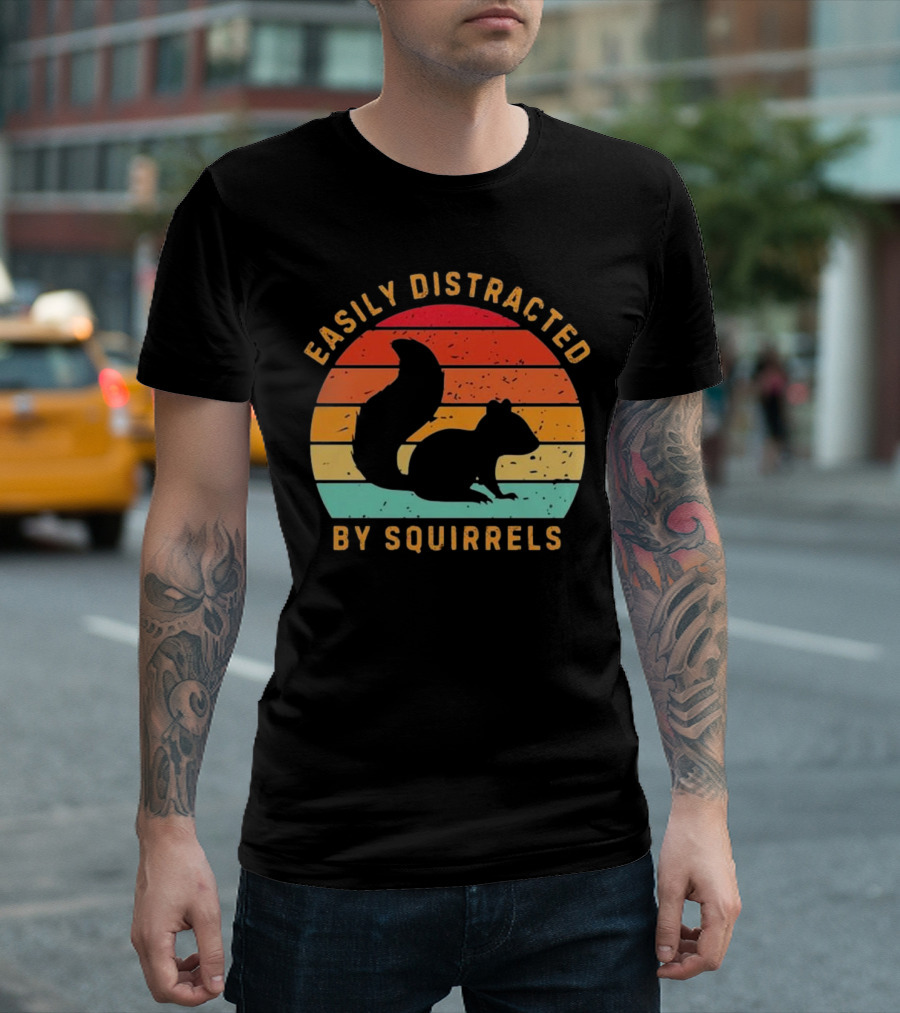 Easily Distracted By Squirrels Justice For Peanuts 2024 Retro Sunset Squirrel T-Shirt