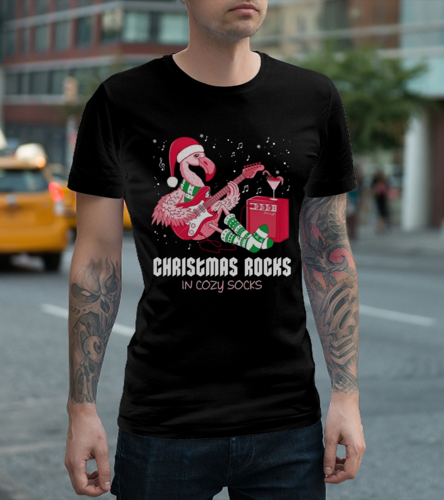 Christmas Rocks in Cozy Socks Flamingo Festive Vibes T-Shirt