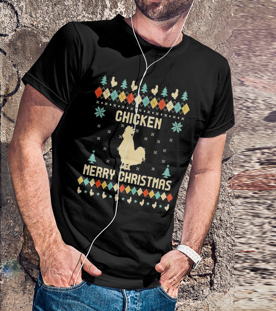 Chicken Merry Christmas Snowflakes Trees Ugly T-Shirt