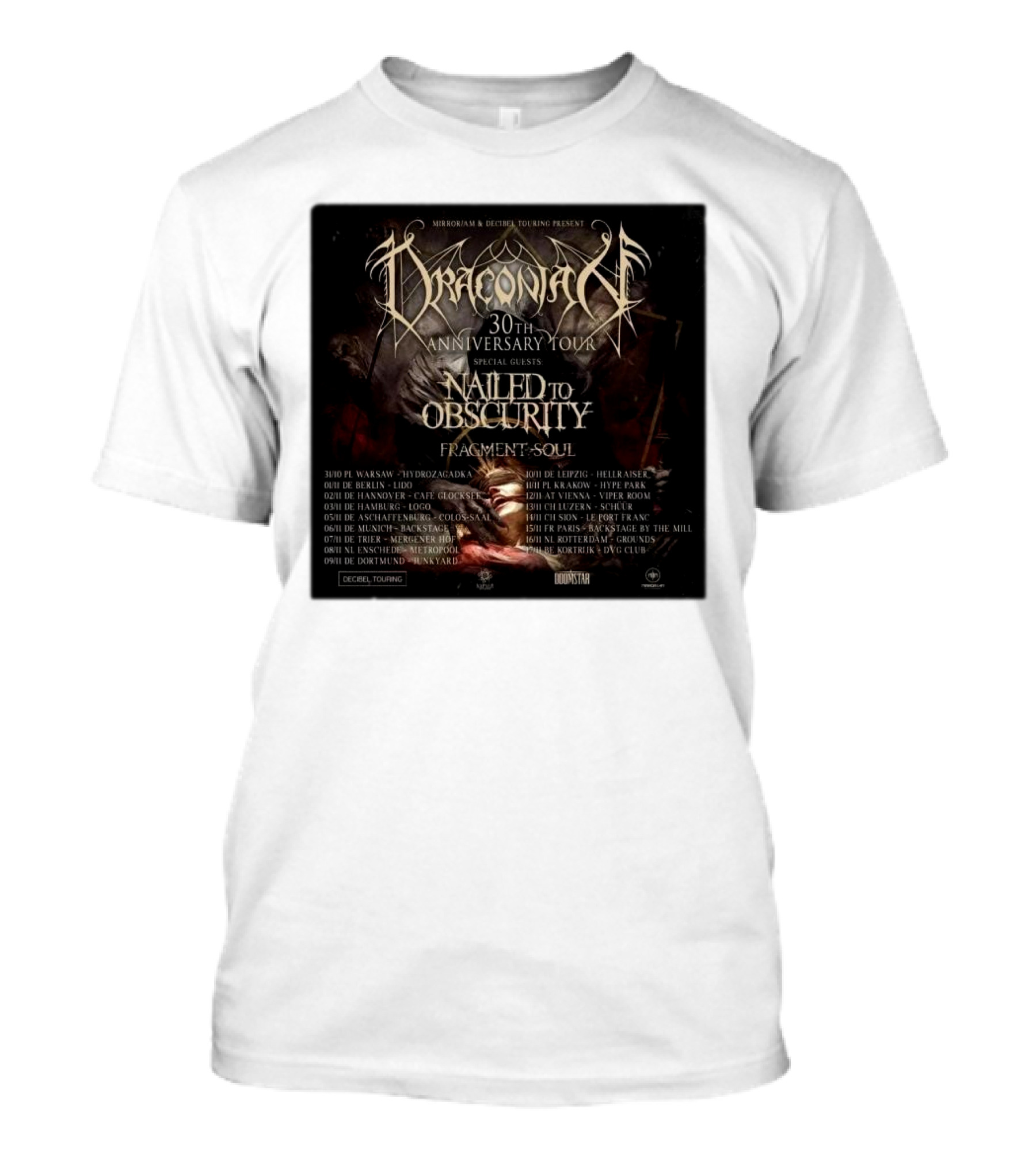 Draconian 30th Anniversary Tour Special Guests Nailed To Obscurity Fragment Soul T-Shirt