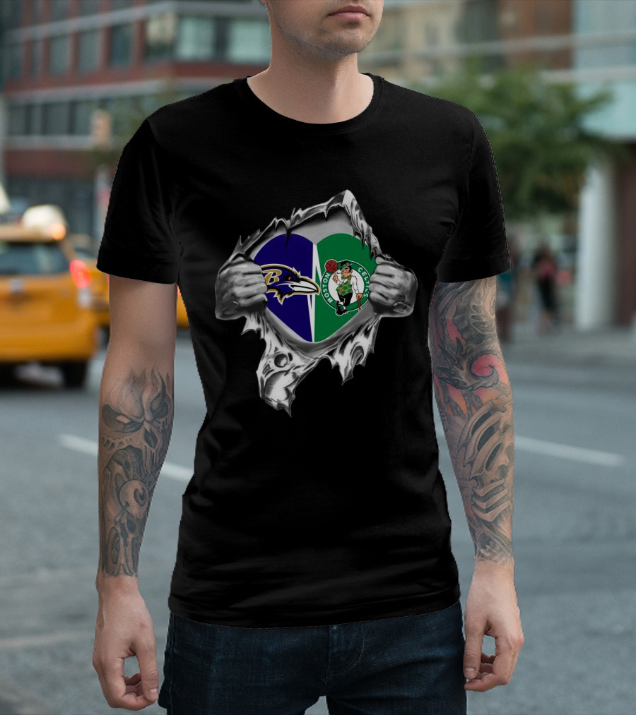 Blood Inside Me Baltimore Ravens Boston Celtics 2024 Heart T-Shirt